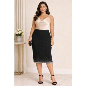 NWOT Liorah Exclusive Black Textured knit Skirt Rhinestone Embellished Size 14